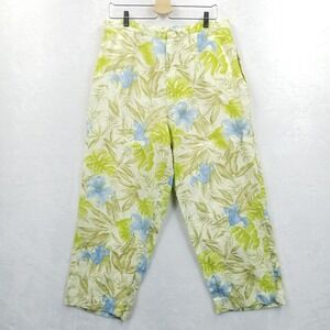 Ulla Popken Pants Women 46/48 Green 100% Linen Relaxed Fit Crop Pockets Tropical